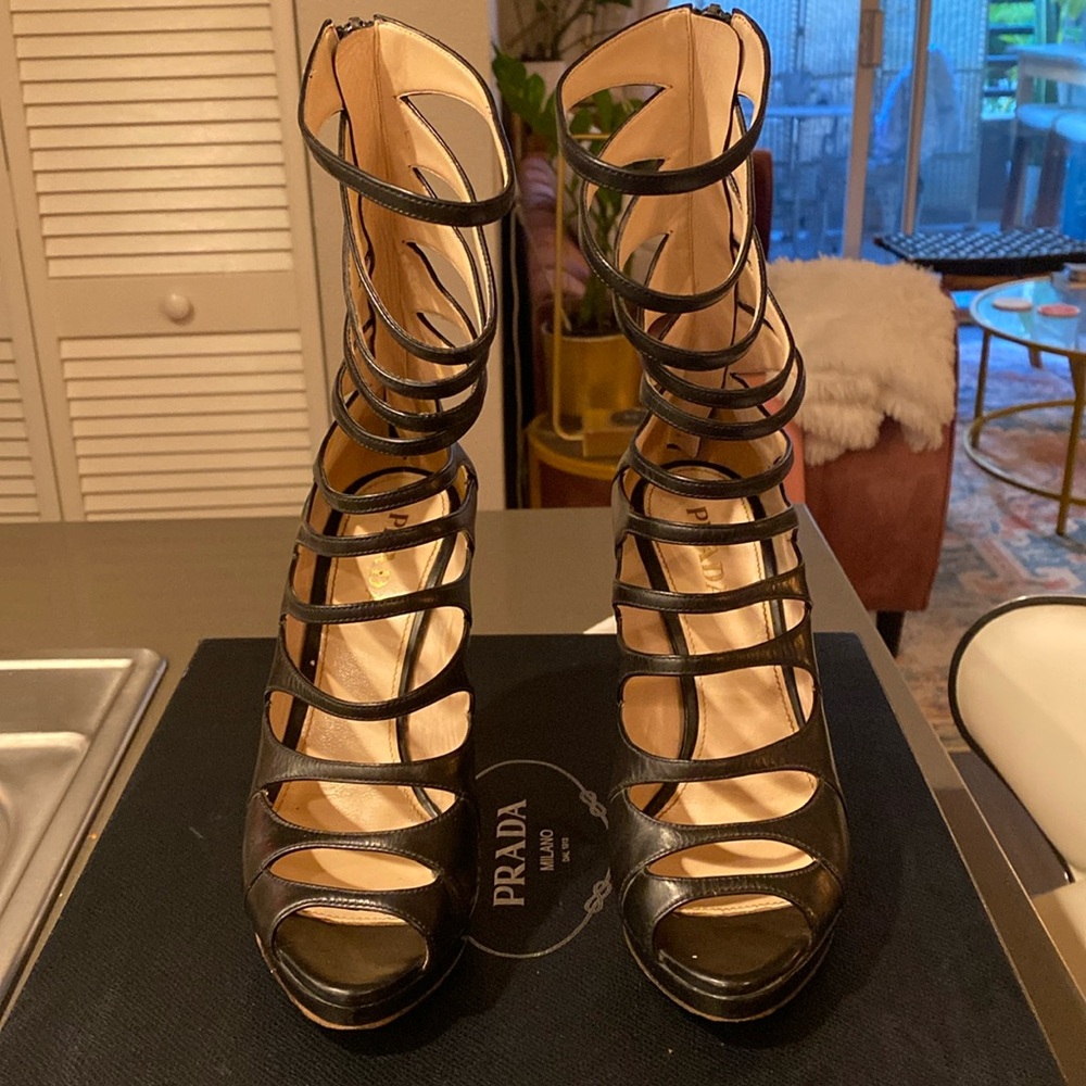 Prada black 4” gladiator heels. 7” gladiator straps in height from the ankle